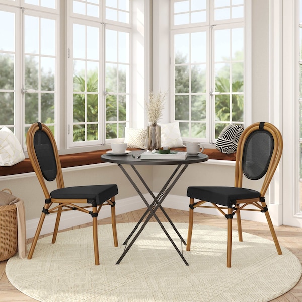 Flash Furniture Marseille Thonet French Bistro Stacking Chair, Black Textilene and Bamboo Print Aluminum Frame, 2PK - 2-SDA-AD642002S-TXT-BK-NAT-GG