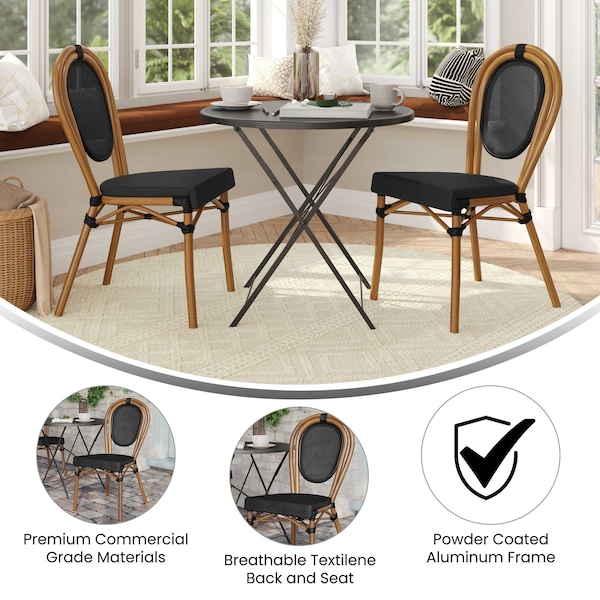 Flash Furniture Marseille Thonet French Bistro Stacking Chair, Black Textilene and Bamboo Print Aluminum Frame, 2PK - 2-SDA-AD642002S-TXT-BK-NAT-GG