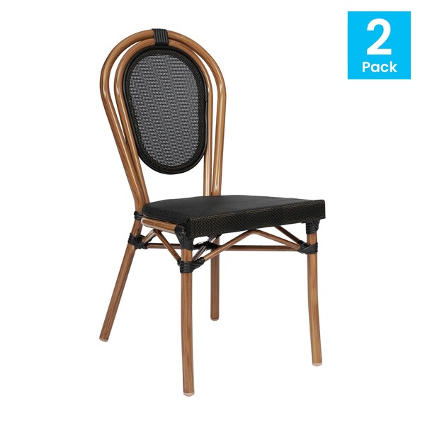 Flash Furniture Marseille Thonet French Bistro Stacking Chair, Black Textilene and Bamboo Print Aluminum Frame, 2PK - 2-SDA-AD642002S-TXT-BK-NAT-GG