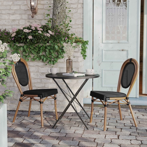 Flash Furniture Marseille Thonet French Bistro Stacking Chair, Black Textilene and Bamboo Print Aluminum Frame, 2PK - 2-SDA-AD642002S-TXT-BK-NAT-GG