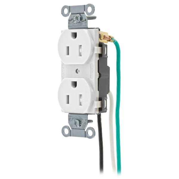 Hubbell Wiring Device-Kellems Straight Blade Devices, Receptacles, Duplex, Commercial Grade, 2-Pole 3-Wire Grounding, 15A 125V, 5-15R, White, Single Pack, Pre-Wired 8" Solid Leads - CR15WHITRP1