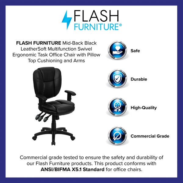 Flash Furniture Leather Contemporary Chair, 18-1/4" to 21-1/2", Adjustable Arms, Black LeatherSoft - GO-930F-BK-LEA-ARMS-GG