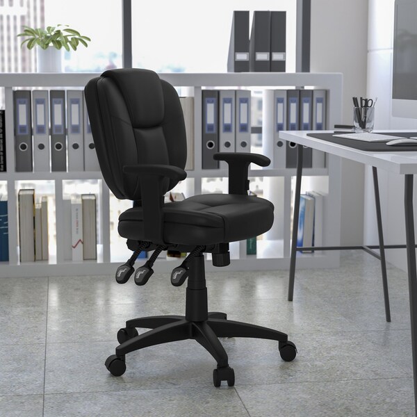 Flash Furniture Leather Contemporary Chair, 18-1/4" to 21-1/2", Adjustable Arms, Black LeatherSoft - GO-930F-BK-LEA-ARMS-GG