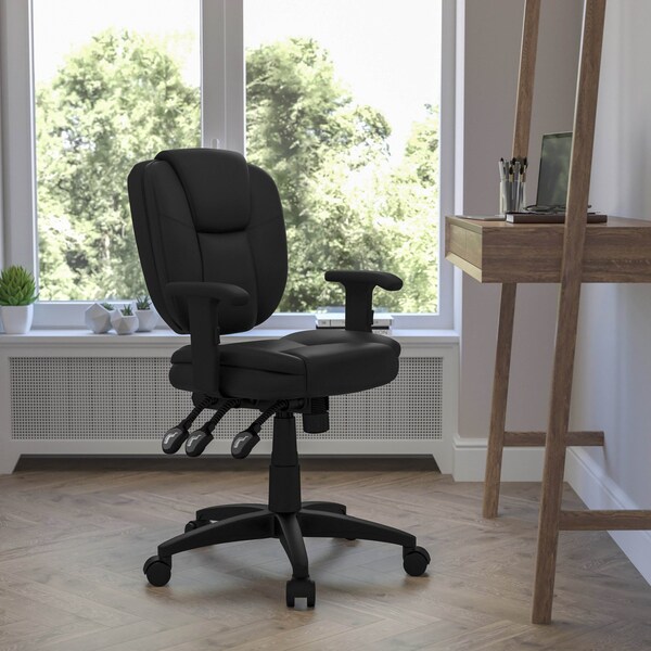 Flash Furniture Leather Contemporary Chair, 18-1/4" to 21-1/2", Adjustable Arms, Black LeatherSoft - GO-930F-BK-LEA-ARMS-GG