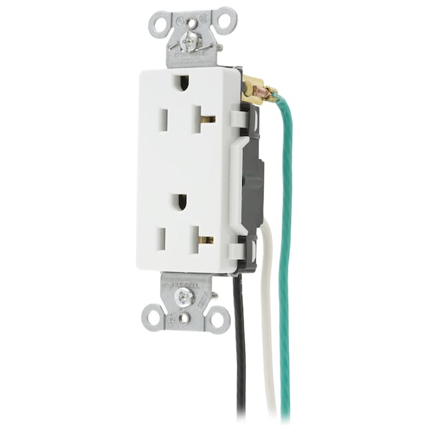 Hubbell Wiring Device-Kellems Straight Blade Devices, Receptacle, Decorator Duplex, 20A 125V, 2-Pole 3-Wire Grounding, 5-20R, White, Pre- Wired 8" Stranded Leads. - DR20WHIP2