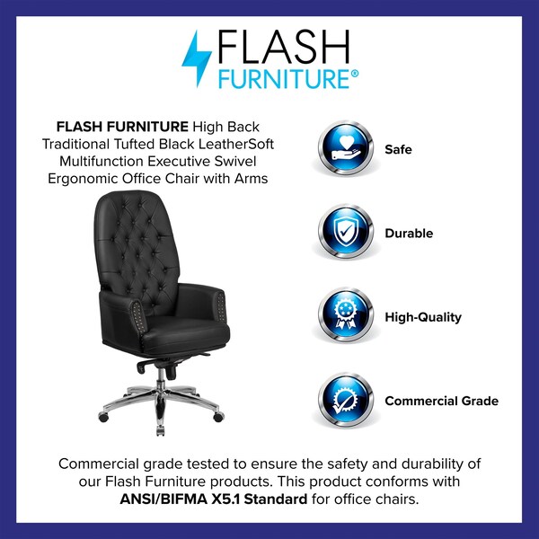 Flash Furniture Executive Chair Fixed Arms, 21" to 23-1/4" Height, Leather, Black - BT-90269H-BK-GG