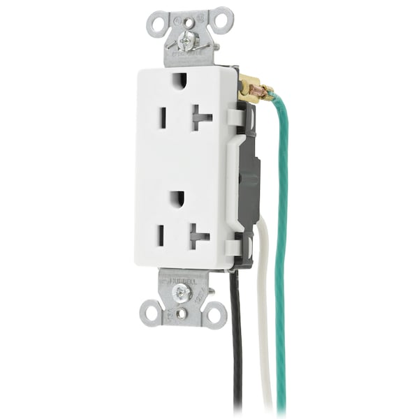 Hubbell Wiring Device-Kellems Straight Blade Devices, Tamper Resistant Receptacle, Decorator Duplex, 20A 125V, 2-Pole 3-Wire Grounding, 5-20R, White, Pre-Wired 8" Stranded Leads. - DR20WHITRP2