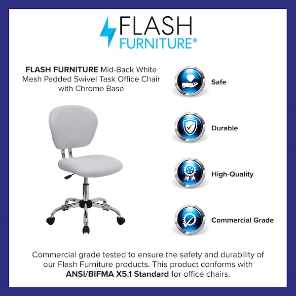 Flash Furniture Task Chair, 17-1/4" to 21", White - H-2376-F-WHT-GG