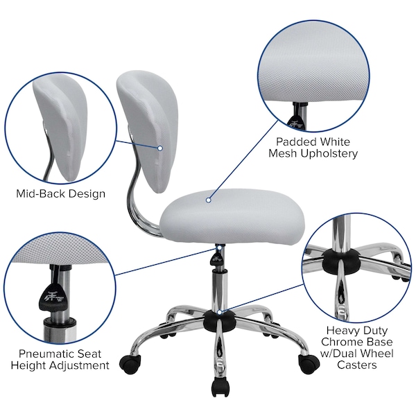 Flash Furniture Task Chair, 17-1/4" to 21", White - H-2376-F-WHT-GG