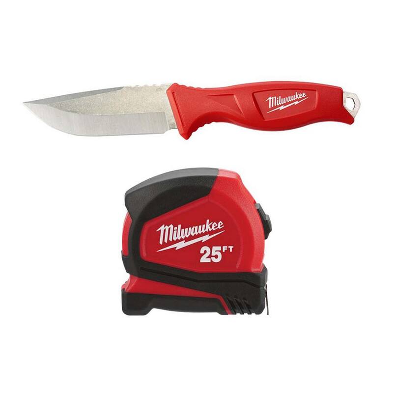 Milwaukee 4 in. Tradesman Fixed Blade Knife with Compact Auto Lock 25 ft. SAE Tape Measure with Fractional Scale - 48-22-1926-48-22-6625