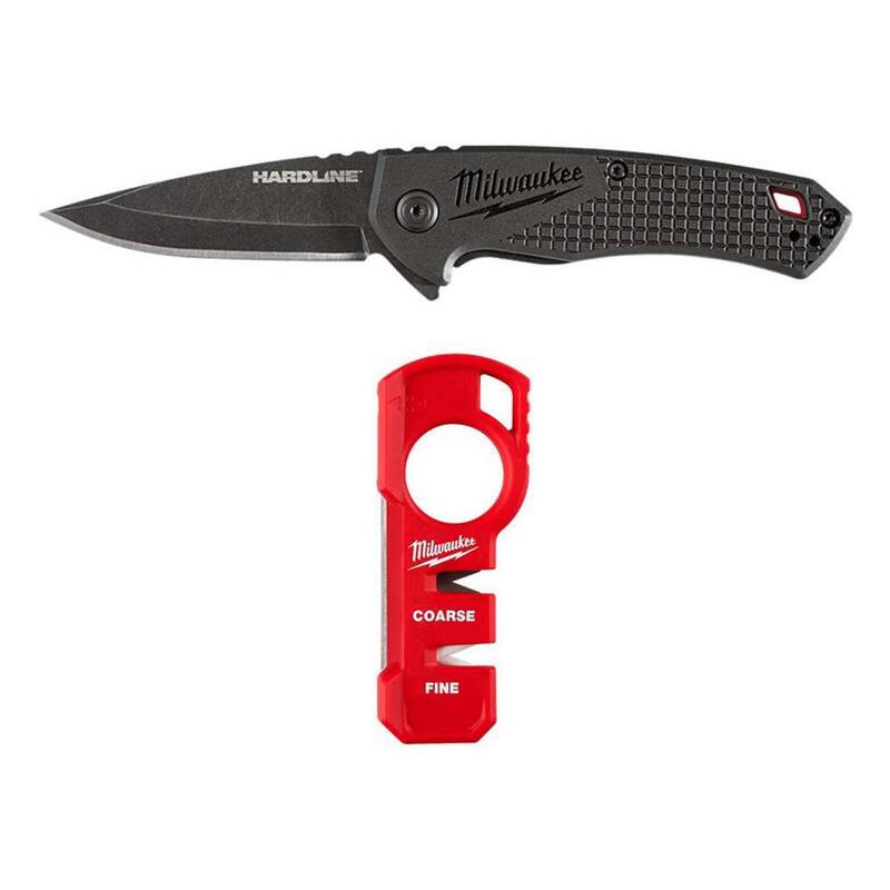 Milwaukee 2.5 in. Hardline D2 Steel Smooth Blade Pocket Folding Knife with Compact Jobsite Knife Sharpener (2-Piece) - 48-22-1997-48-22-1590