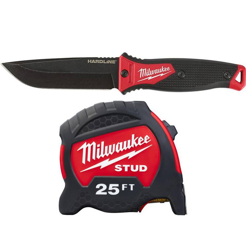 Milwaukee Hardline 5 in. AUS-8 Steel Fixed Blade Knife with 2 5 ft. x 1.3 in. Gen II STUD Tape Measure (2-Piece) - 48-22-1928-48-22-9725