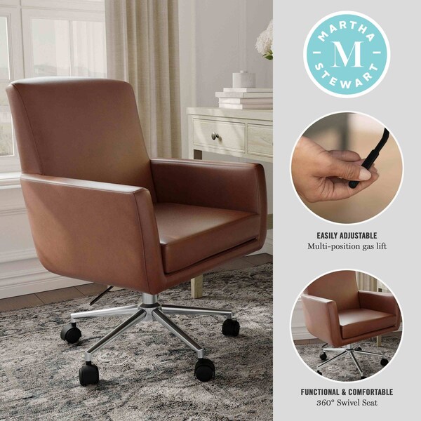 Martha Stewart Zaya Upholstered Office Chair in Saddle Brown/Polished Nickel - CH-240230-1-BR-MS