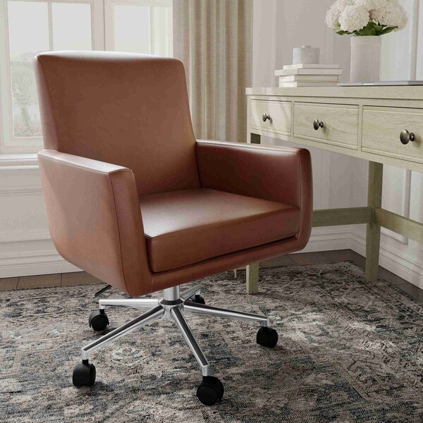 Martha Stewart Zaya Upholstered Office Chair in Saddle Brown/Polished Nickel - CH-240230-1-BR-MS