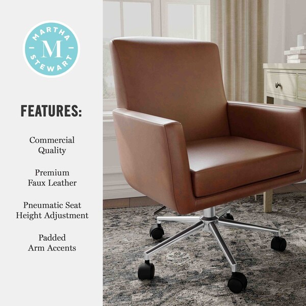 Martha Stewart Zaya Upholstered Office Chair in Saddle Brown/Polished Nickel - CH-240230-1-BR-MS