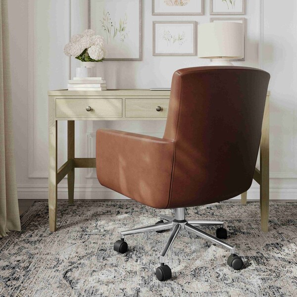 Martha Stewart Zaya Upholstered Office Chair in Saddle Brown/Polished Nickel - CH-240230-1-BR-MS