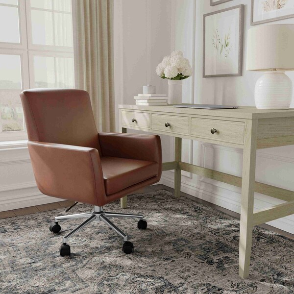 Martha Stewart Zaya Upholstered Office Chair in Saddle Brown/Polished Nickel - CH-240230-1-BR-MS
