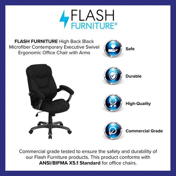 Flash Furniture Contemporary Chair Fixed Arms, 18-1/4" to 22" Height, Black Microfiber - GO-725-BK-GG