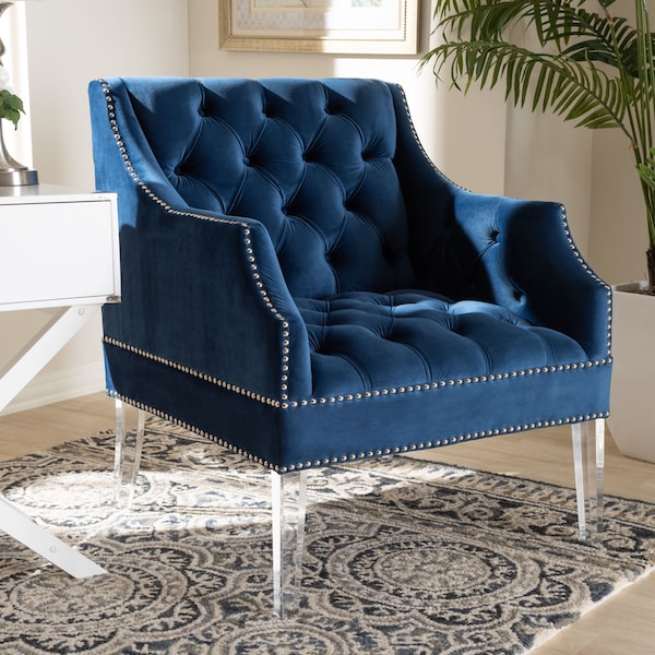 Baxton Studio Silvana Blue Velvet Upholstered Lounge Chair with Acrylic Legs - 152-9267