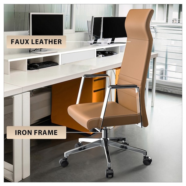 Leisuremod Aleen High-Back Office Chair in Upholstered Leather and Iron Frame, Swivel and Tilt, Acorn Brown - AOT19LBRL