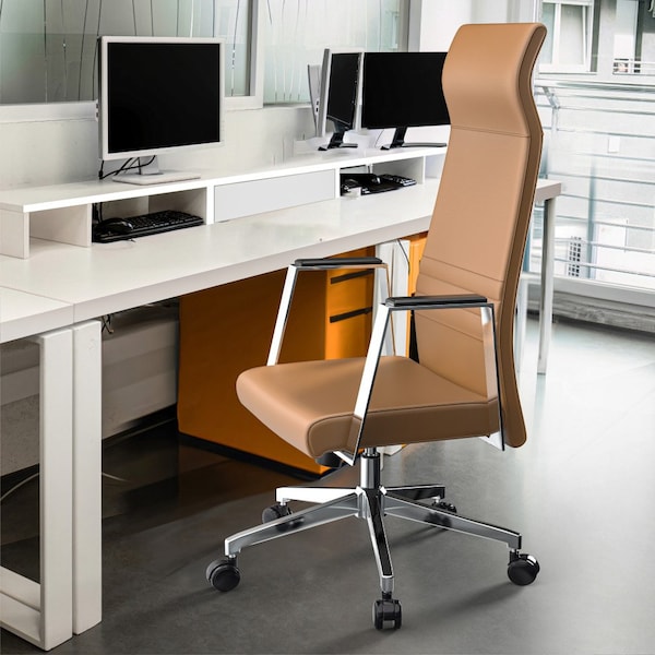 Leisuremod Aleen High-Back Office Chair in Upholstered Leather and Iron Frame, Swivel and Tilt, Acorn Brown - AOT19LBRL