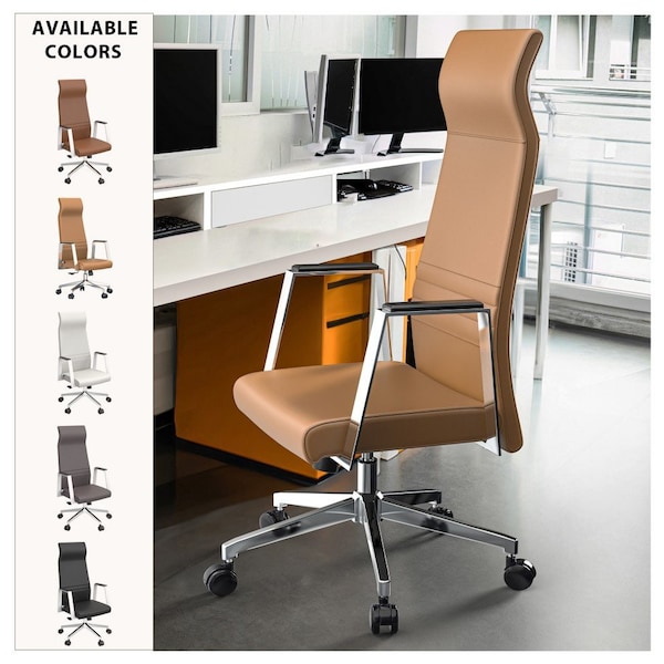 Leisuremod Aleen High-Back Office Chair in Upholstered Leather and Iron Frame, Swivel and Tilt, Acorn Brown - AOT19LBRL