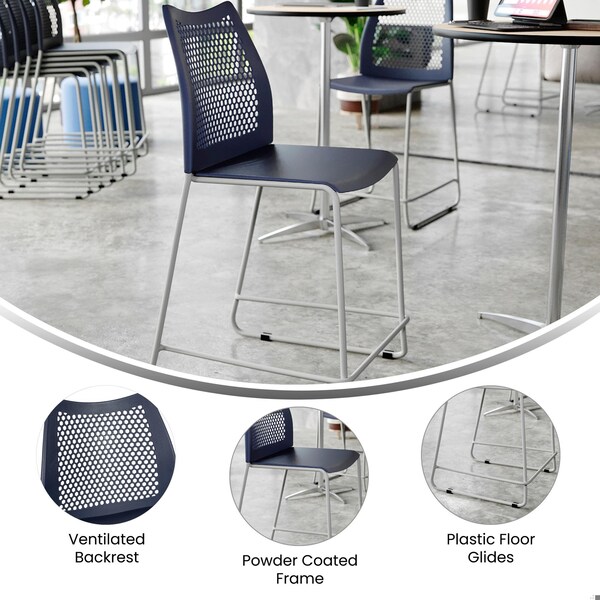 Flash Furniture HERCULES Navy Stack Counter Stool with Air-Vent Back and Gray Powder Coated Sled Base - RUT-498A-CS-NV-GG