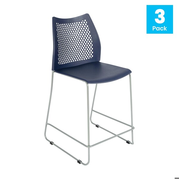 Flash Furniture HERCULES Series Navy Stack Counter Stool with Air-Vent Back and Gray Powder Coated Sled Base, 3PK - 3-RUT-498A-CS-NV-GG