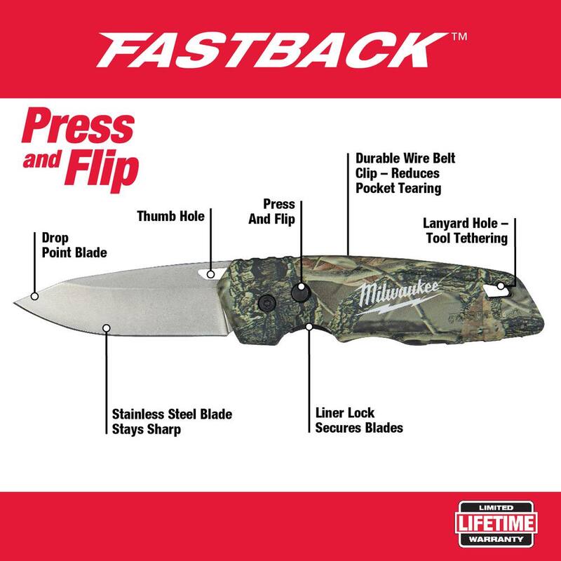 Milwaukee FASTBACK Camo Stainless Steel Folding Knife with 2.95 in. Blade and 25 ft. Compact Auto Lock Tape Measure - 48-22-1524-48-22-6825