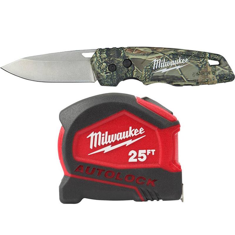 Milwaukee FASTBACK Camo Stainless Steel Folding Knife with 2.95 in. Blade and 25 ft. Compact Auto Lock Tape Measure - 48-22-1524-48-22-6825