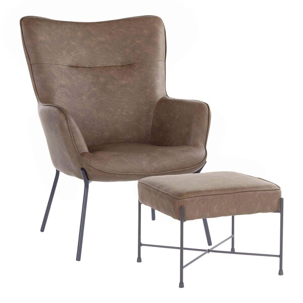 Lumisource Izzy Lounge Chair, Ottoman Set in Black Metal, Espresso Faux Leather - C2-IZZY BKE