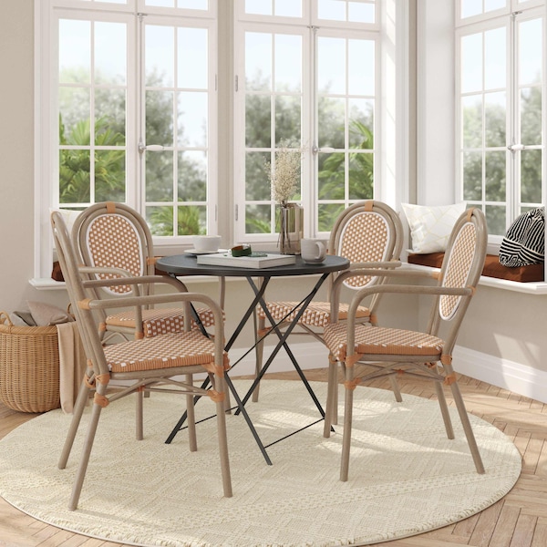 Flash Furniture Lourdes Thonet French Bistro Stack Chair w/Arms, Natural/White PE Rattan/Bamboo Alum Frame, 4PK - 4-SDA-AD642002A-NATWH-LTNAT-GG