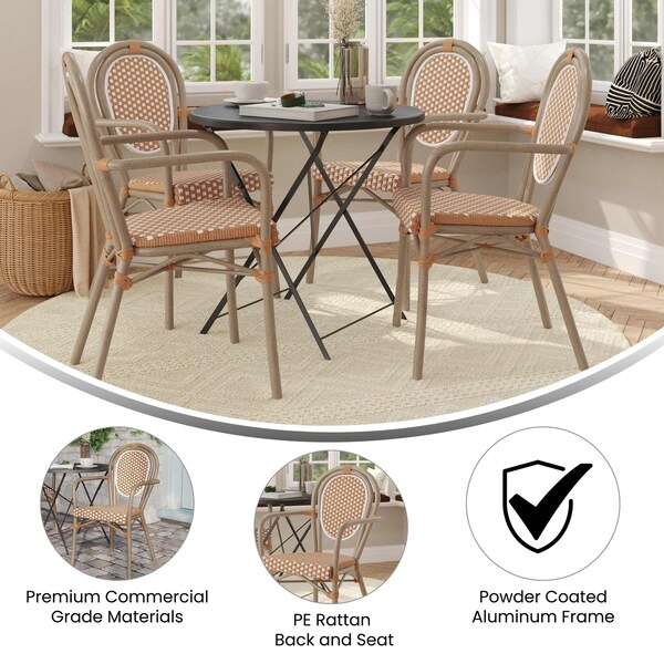 Flash Furniture Lourdes Thonet French Bistro Stack Chair w/Arms, Natural/White PE Rattan/Bamboo Alum Frame, 4PK - 4-SDA-AD642002A-NATWH-LTNAT-GG