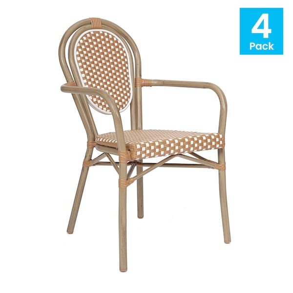 Flash Furniture Lourdes Thonet French Bistro Stack Chair w/Arms, Natural/White PE Rattan/Bamboo Alum Frame, 4PK - 4-SDA-AD642002A-NATWH-LTNAT-GG