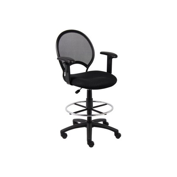Boss Office Products Boss Mesh Drafting Stool with Adjustable Armrest - Fabric - Black - B16216