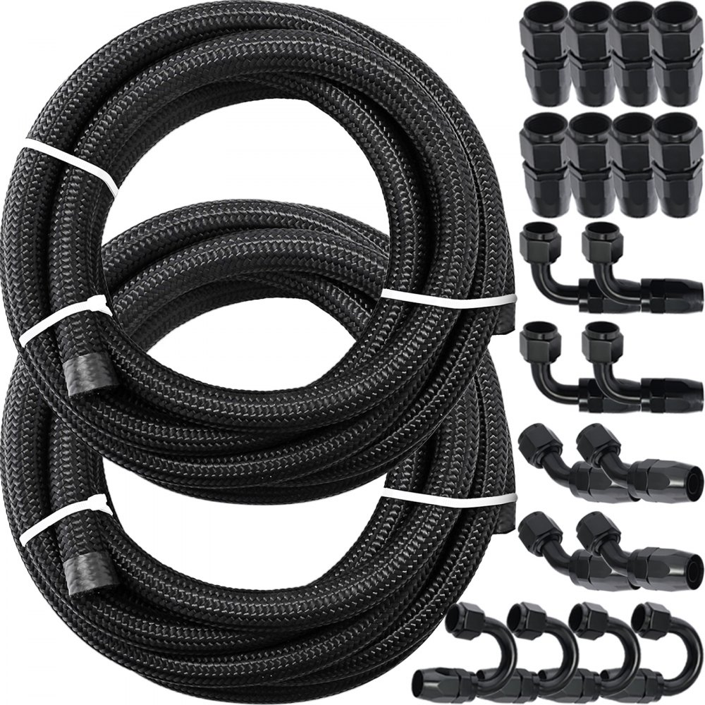 VEVOR 8AN Fuel Line, 20 Pcs 8AN Fuel Hose Kit, 32.8Ft BK Nylon Stainless Steel Braided Oil Line Hose, NBR CPE Synthetic Rubber AN8 Gas Line, 8AN Universal Fitting Adapter Set with Aluminum Hose End - AN8YGTJ0000000001V0