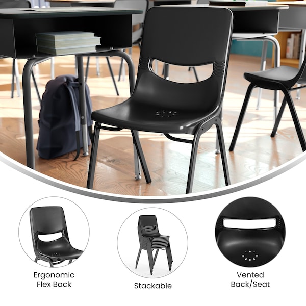 Flash Furniture HERCULES HD Comfort Classroom Stack Chair w/Powder-Coated Frame and Black Ergonomic Back and Seat - SF-CH003-BLK-BLK-GG