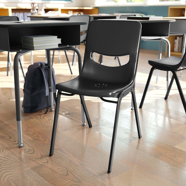 Flash Furniture HERCULES HD Comfort Classroom Stack Chair w/Powder-Coated Frame and Black Ergonomic Back and Seat - SF-CH003-BLK-BLK-GG