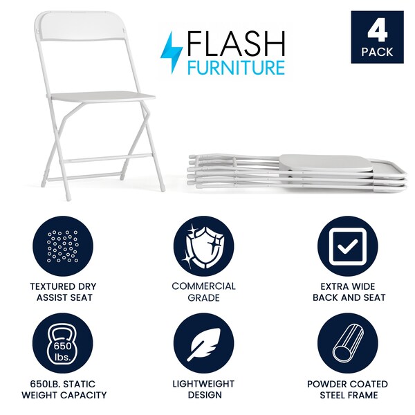 Flash Furniture 4PK Commercial Grade White Plastic Folding Chairs - 4-LE-L-3-W-WH-GG