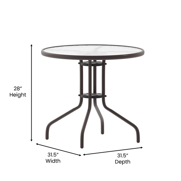 Flash Furniture Lila 31.5in Round Glass Top Metal Table with 4 Bronze Aluminum Slat Stack Chairs - TLH-072RD-017CBZ4-GG
