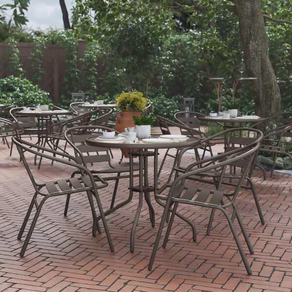 Flash Furniture Lila 31.5in Round Glass Top Metal Table with 4 Bronze Aluminum Slat Stack Chairs - TLH-072RD-017CBZ4-GG