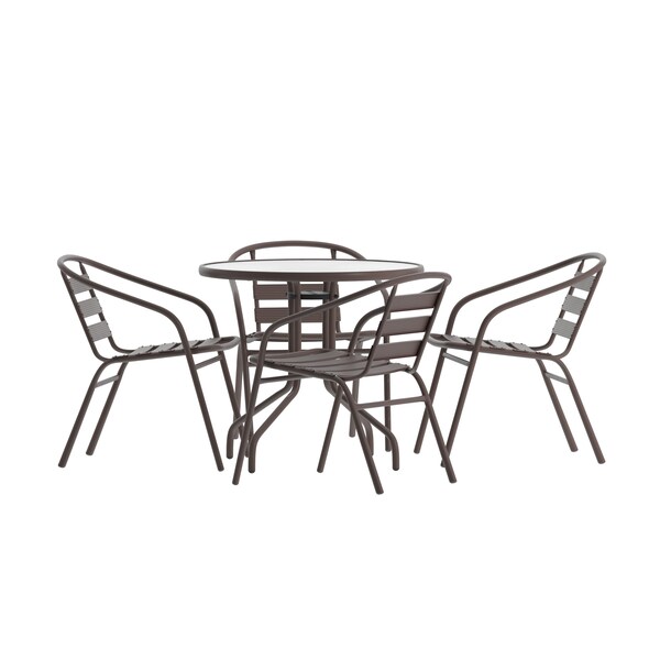 Flash Furniture Lila 31.5in Round Glass Top Metal Table with 4 Bronze Aluminum Slat Stack Chairs - TLH-072RD-017CBZ4-GG