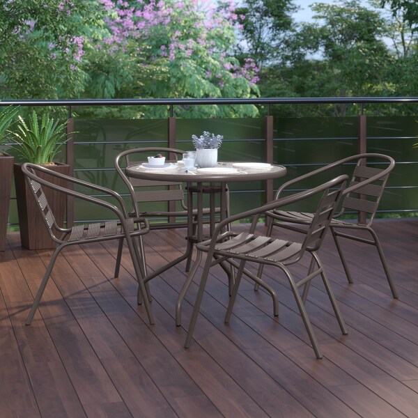 Flash Furniture Lila 31.5in Round Glass Top Metal Table with 4 Bronze Aluminum Slat Stack Chairs - TLH-072RD-017CBZ4-GG