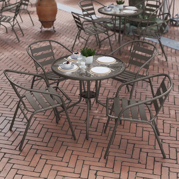 Flash Furniture Lila 31.5in Round Glass Top Metal Table with 4 Bronze Aluminum Slat Stack Chairs - TLH-072RD-017CBZ4-GG