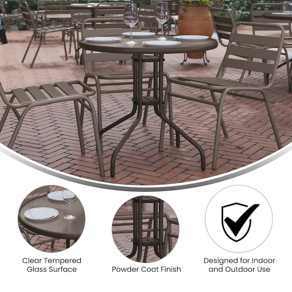 Flash Furniture Lila 31.5in Round Glass Top Metal Table with 4 Bronze Aluminum Slat Stack Chairs - TLH-072RD-017CBZ4-GG