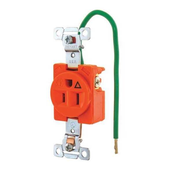 Zoro Select Receptacle, 15 A Amps, 125V AC, Flush Mount, Single Outlet, 5-15R, Orange - 5261IG