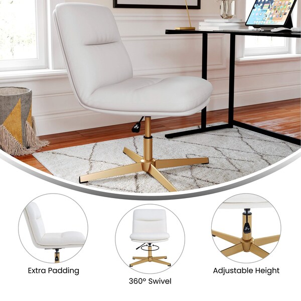 Flash Furniture Chloe Mid-Back White Padded LeatherSoft Armless Office Chair w/Adjustable Height, Gold Frame - CH-232174-WH-GLD-GG