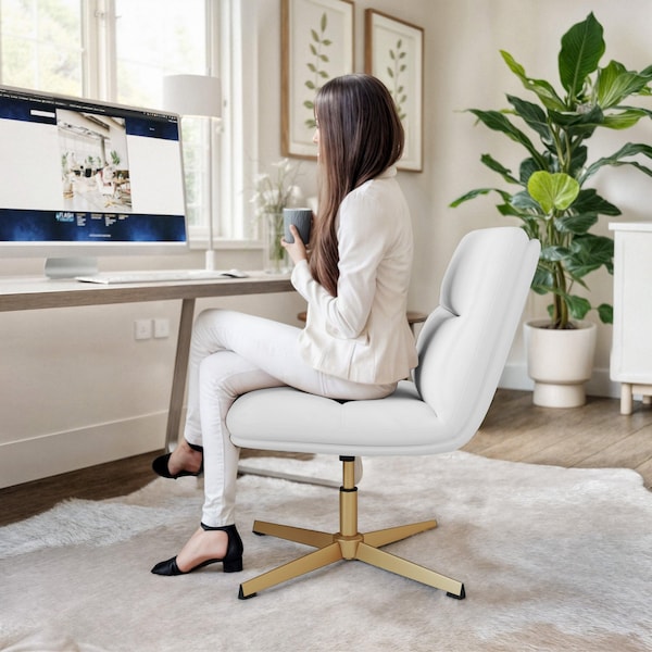 Flash Furniture Chloe Mid-Back White Padded LeatherSoft Armless Office Chair w/Adjustable Height, Gold Frame - CH-232174-WH-GLD-GG