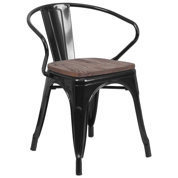 Flash Furniture Metal Chair, Black with Arms, Wood Seat - CH-31270-BK-WD-GG