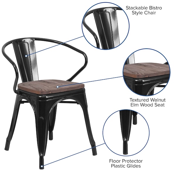Flash Furniture Metal Chair, Black with Arms, Wood Seat - CH-31270-BK-WD-GG